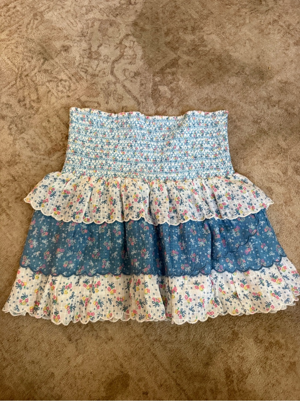 LoveShakeFancy Smocked Tiered Floral Mini Skirt in Blue and White